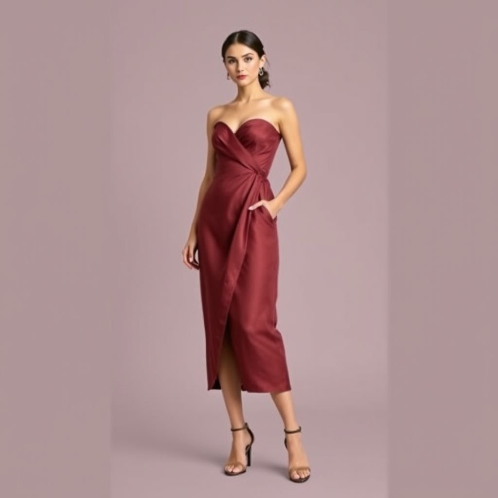 Ruched midi skirt + bandeau wrap top • Fabric: Stretch satin • Color: Rosewood,
Design an elegant minimalist outfit featuring a ruched midi skirt and a bandeau wrap top. Crafted from luxurious stretch satin, the pieces showcase a refined silhouette with subtle textures. In a soft rosewood hue, the ensemble exudes understated sophistication, emphasizing clean lines and simplicity for a contemporary yet timeless look.
