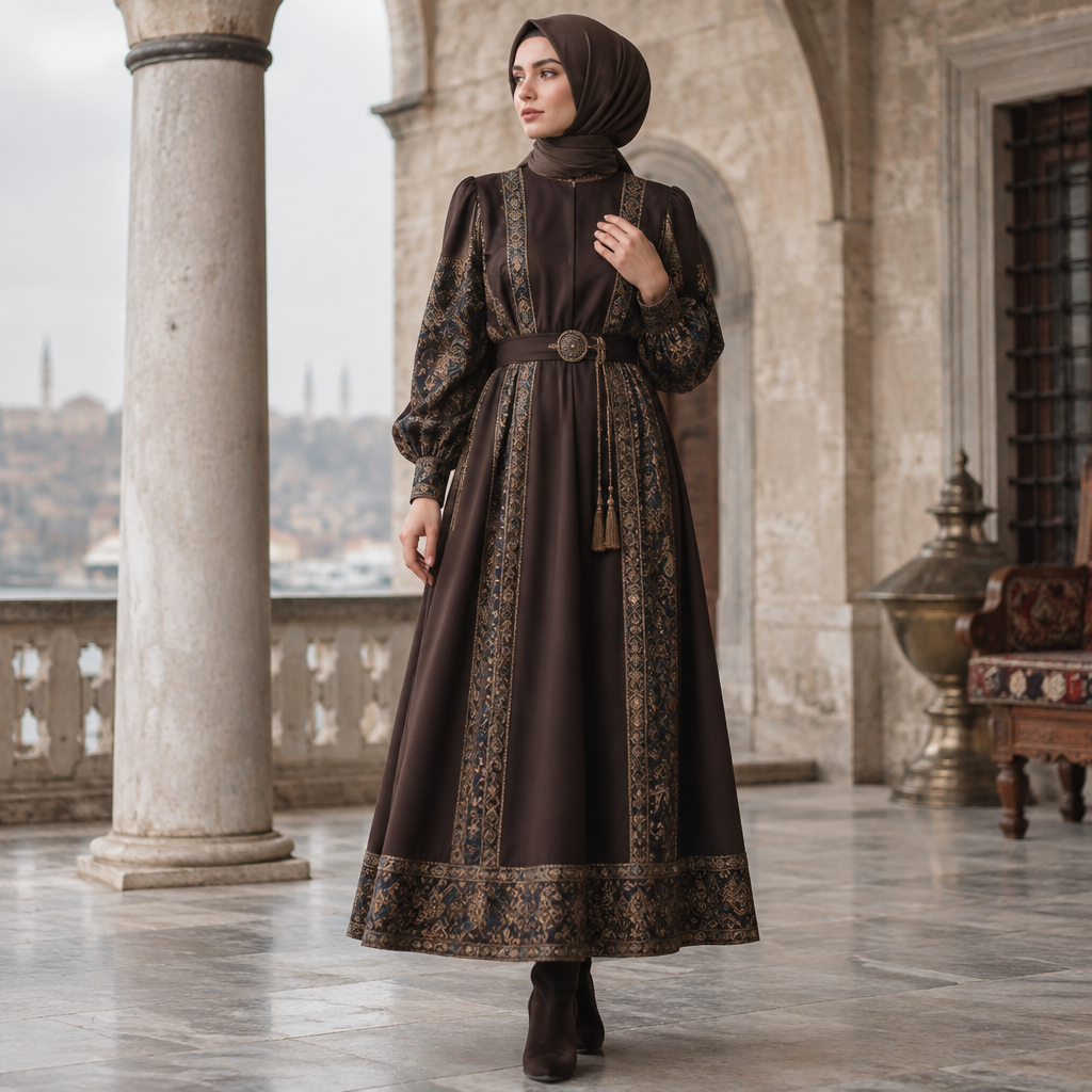 A Female Dress design, with modest, full coverage: longer hemlines, higher necklines and covered shoulders, suitable for Fall. Consider Turkish fashion — Ottoman-inspired, modest fashion hub, rich textiles, East-meets-West aesthetics. Current season is Autumn in Turkey. Present it as professional fashion catalogue photography: the garment is the subject, shown full-length with editorial styling, neutral posing and tasteful, non-suggestive framing.
photorealistic fashion design, A Female Dress design, with modest, full coverage: longer hemlines, higher necklines and covered shoulders, suitable for Fall. Consider Turkish fashion — Ottoman-inspired, modest fashion hub, rich textiles, East-meets-West aesthetics. Current season is Autumn in Turkey. Present it as professional fashion catalogue photography: the garment is the subject, shown full-length with editorial styling, neutral posing and tasteful, non-suggestive framing., just the design no text