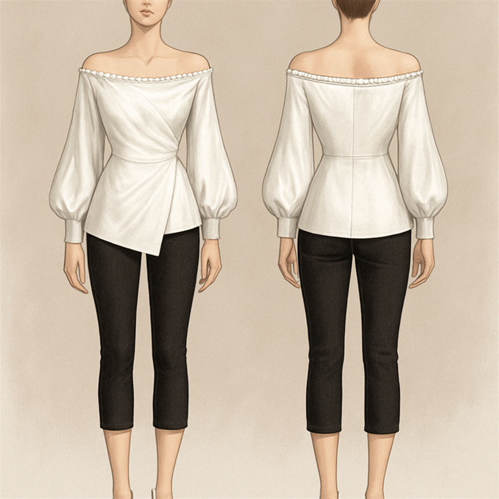 Slik blouse off shouldered loose sleeves fitted at the waist and breast side pearls running along the off shoulder
Left side draped with excess material forming a v shape the back Normal length hanging above the buttocks
Black capris underneath
Slik blouse off shouldered loose sleeves fitted at the waist and breast side pearls running along the off shoulder
Left side draped with excess material forming a v shape the back Normal length hanging above the buttocks
Black capris underneath, show front and back