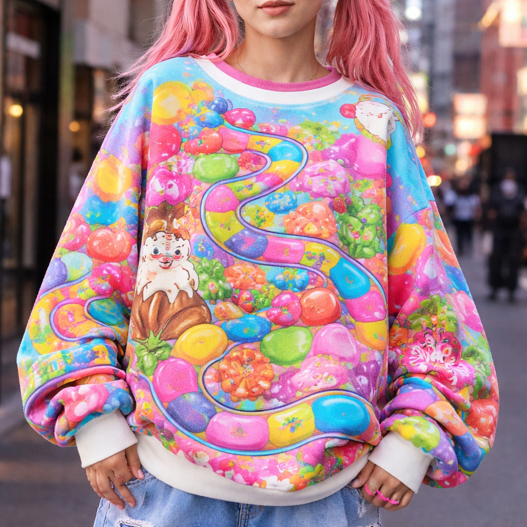 cute chunky neon candy land board game sweater
Japanese Street fashion design: Oversized cotton sweater, vibrant neon colors, graphic candy land board game pattern. Baggy fit, playful and statement-making.