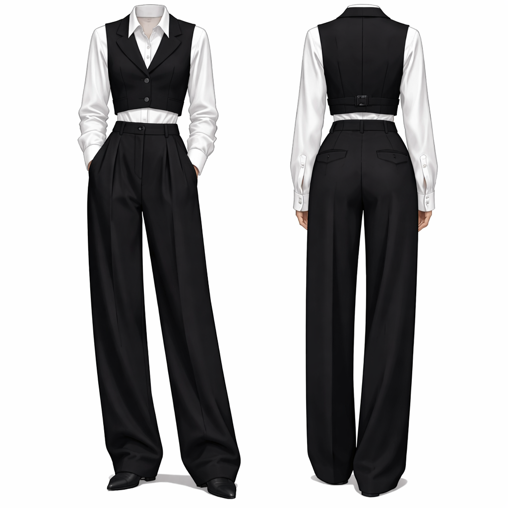 don’t draw the face but the fabric should be of that of a suit a baggy black trouser , paired with a white shirt long sleeve and a half vest blazer with buttons on top the blazer is also black
don’t draw the face but the fabric should be of that of a suit a baggy black trouser , paired with a white shirt long sleeve and a half vest blazer with buttons on top the blazer is also black, show front and back