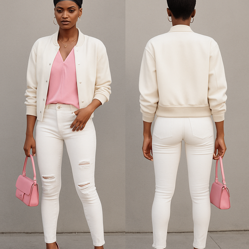 Black woman 
Pixie 
Pink blouse 
White fitted ripped jeans pink heels 
White letterman jacket 
Gold jewelry
Pink purse 
Pink heels 

