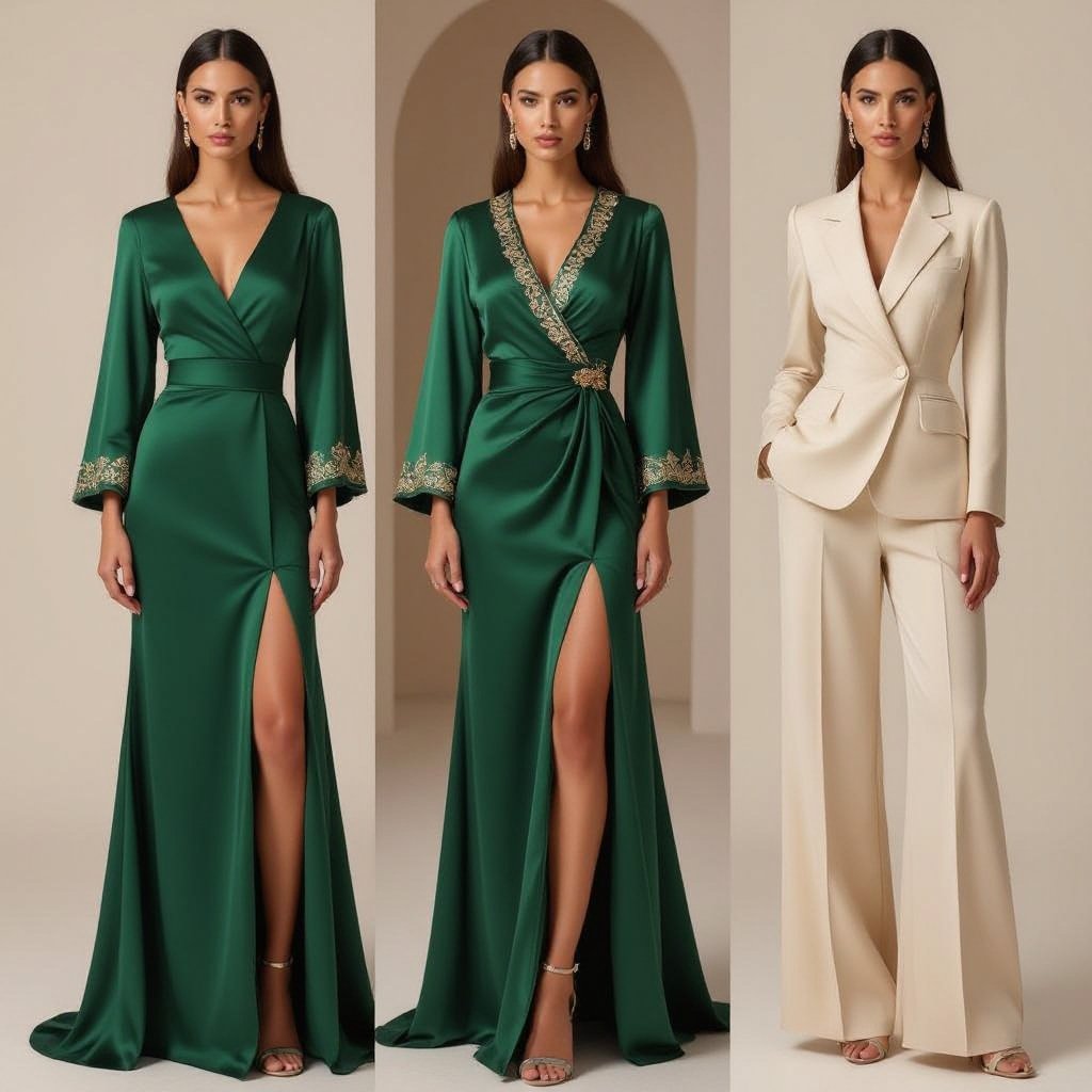 Robe Caftan Modernisée • Silhouette: A long mermaid gown that hugs the body before flaring out. It features a subtle slit on the side (مفتوحة شوية من الجنب). • Fabric & Color: Luxurious, soft emerald green (\text{vert émeraude}) satin that drapes elegantly and has a rich sheen. • Beldi Touch: Minimalist Sfifa and 3a9ad (small buttons) in fine gold are strategically placed only along the trim of the shoulder and the neckline (\text{الطروط ديال الكتف والصدر}), keeping the overall look sleek and modern. 2. Ensemble Tailleur Beldi • Silhouette: A sophisticated suit (\text{tailleur}) combination. The trousers are high-waisted (\text{taille haute}) and slightly wide-legged (\text{واسع شوية}). The jacket is fitted (\text{cintrée}) and tailored. • Fabric & Color: A soft, textured crêpe fabric in a neutral beige or ecru color. • Beldi Touch: Delicate Fassi embroidery (\text{broderie fassi/khiyate}) details are applied to the sleeves (\text{الكمام}) and the chest/lapel area (\text{الصدر ديال veste}) of the jacket, adding an artisanal, traditional contrast to the sharp tailoring. 3. La Robe Cocktail à la Touche Zellige • Silhouette: A classic A-line midi dress that falls just below the knee (\text{تحت الركبة}). • Fabric & Color: Light, flowing midnight blue (\text{bleu nuit}) mousseline (chiffon). • Beldi Touch: Intricate Zellige-inspired patterns are created using fine (\text{دقيقة}) broderie (embroidery) and strategically applied to the waistband (\text{الحزام}) and the collar/neckline (\text{الياقة}), resembling delicate mosaic work against the dark fabric. 4. Jellaba Chic Fendue • Silhouette: A modern layered look. A long Jellaba that is split down the center (\text{مفتوحة من الوسط}) to reveal a short dress (\text{robe courte}) worn underneath. • Fabric & Color: Light black velvet (\text{velours noir خفيف}) for a luxurious yet wearable feel. • Beldi Touch: The edges of the Jellaba are trimmed with silver Sfifa. It includes a small hood (\text{capuche صغيرة}) for a stylistic nod to the traditional Jellaba cut. 5. Robe Asymétrique Beldo-Chic • Silhouette: A contemporary asymmetrical dress (\text{asymétrique}) where one side is long and the other is short (\text{Robe d’un côté longue والآخر قصير}). • Fabric & Color: Soft, flowing powder pink (\text{rose poudré}) satin. • Beldi Touch: The key detail is T9achir (hand-beading/perlage), which is inspired by the intricate work on a traditional \text{Takchita}. This beading is applied to a thin, delicate belt (\text{حزام رقيق}) that cinches the waist.
1. Robe Caftan Modernisée • Silhouette: A long mermaid gown that hugs the body before flaring out, with a side slit. • Fabric & Color: Luxurious, soft emerald green satin. • Beldi Touch: Minimalist gold Sfifa and 3a9ad detailed along the shoulder and neckline trim.
2. Ensemble Tailleur Beldi • Silhouette: A sophisticated suit with high-waisted, wide-legged trousers and a fitted, tailored jacket. • Fabric & Color: A soft, textured beige or ecru crêpe fabric. • Beldi Touch: Delicate Fassi embroidery on sleeves and jacket lapel.
3. La Robe Cocktail à la Touche Zellige • Silhouette: A classic A-line midi dress, falling just below the knee. • Fabric & Color: Light, flowing midnight blue mousseline. • Beldi Touch: Intricate Zellige-inspired embroidery strategically applied to the waistband and collar/neckline.
4. Jellaba Chic Fendue • Silhouette: A modern layered look with a long Jellaba slit down the center, revealing a short dress underneath. • Fabric & Color: Light black velvet. • Beldi Touch: Silver Sfifa trimming the Jellaba edges, with a small hood.
5. Robe Asymétrique Beldo-Chic • Silhouette: A contemporary asymmetrical dress, long on one side and short on the other. • Fabric & Color: Soft, flowing powder pink satin. • Beldi Touch: T9achir hand-beading inspired by Takchita, applied to a thin, delicate waist belt.