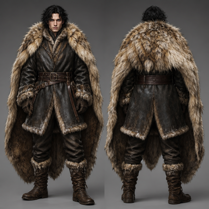 A Male Coat design. тёплые штаны, мезовые сапоги(мех внутри), меховое пальто(мех внутри) с кожаным ремнём на талии, меховой плащ-шкура
using the attached image as a visual reference and sketch, create this: photorealistic fashion design, A Male Coat design. тёплые штаны, мезовые сапоги(мех внутри), меховое пальто(мех внутри) с кожаным ремнём на талии, меховой плащ-шкура, just the design no text, show front and back