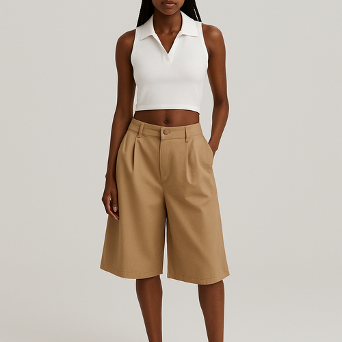 White Muscle shirt with a collar and tan khaki oversized below knee shorts , show head to toe on black woman. Show stomach 