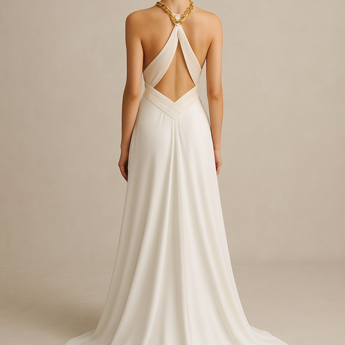 A gold chain ties behind the neck, it’s a white fabric that covers the front in a cross cross pattern showing off the back and waist before flowing down into a train like skirt part of a dress