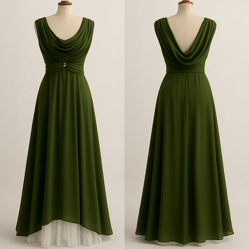 es soll ein Maxi kleid sein. Mit einem großen Wasserfall ausschnitt. Hinter dem Stoff von dem Wasserfall ausschnitt soll ein Stoff sein der die oberweite bedeckt, der Stoff der die Brüste bedeckt soll mit einer Art schnalle in der Mitte zusammen gerafft werden. In einem dunklen Olive grün. Und einem weißen Unterrock, der etwas Tüll mäßig ist, den man unter dem grünen Stoff ein wenig sieht. 