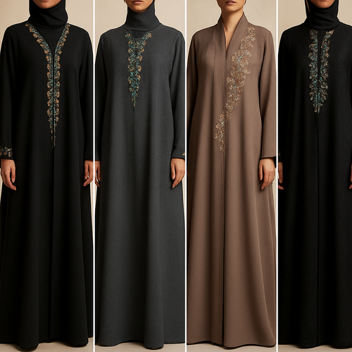 Create me modest abaya that's first in the world, using unique stone design, classy and sophisticated. Keep me 4 designs. Make them rich by adding unique chic stone high end designs and . Showcasing different styles and fabric.
