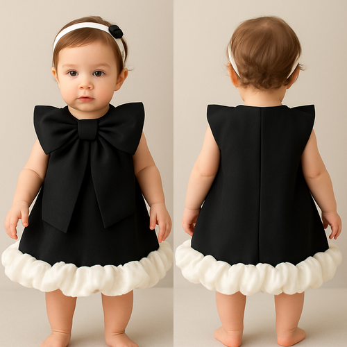 一歳の女の子着用画
ジャケット生地の黒のノンスリーブワンピー
ス、丈は膝上
胸元のリボンは、非常に大きく、肩にかかるほど幅広いサイズにしてください。
ノンスリーブの肩線が隠れるくらいの大きさで、襟元を完全に覆うリボンです。
胸のリボンは、ループ部分だけの"結び目風リボンにしてください。タレ（垂れ下がる細長い部分）は一切つけないでください。
裾のデザインは、段々スカートではありません。
スカートは一段だけのAラインで、裾に"雲のようにふくらむ白色の立体的なフリル”を密集して付けてください。
フリルは平らに広がらず、くるんと丸くカールさせて、花びらのような立体感を出してください。
裾全体がモコモコとふくらむバルーンシルエットになるように。
背中に装飾はなし
頭には白のカチューシャ
カチューシャにはちょっとした黒い装飾
