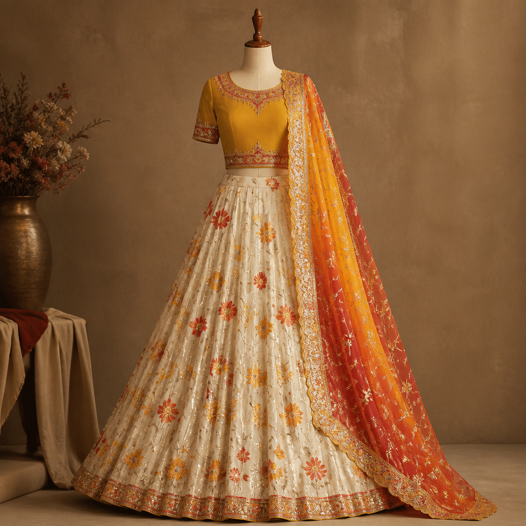 Ivory chiffon georgette bridal lehenga with heavy flare and red haldi yellow and haldi orange gota flowers all over the lehenga and give shaded Dupatta in red haldi yellow and haldi orange colour with gota embroidery all over and gota border and give haldi yellow choli with red and haldi orange gota border with short sleeves. Design with modest coverage.
photorealistic fashion design, Ivory chiffon georgette bridal lehenga with heavy flare and red haldi yellow and haldi orange gota flowers all over the lehenga and give shaded Dupatta in red haldi yellow and haldi orange colour with gota embroidery all over and gota border and give haldi yellow choli with red and haldi orange gota border with short sleeves. Design with modest coverage., just the design no text