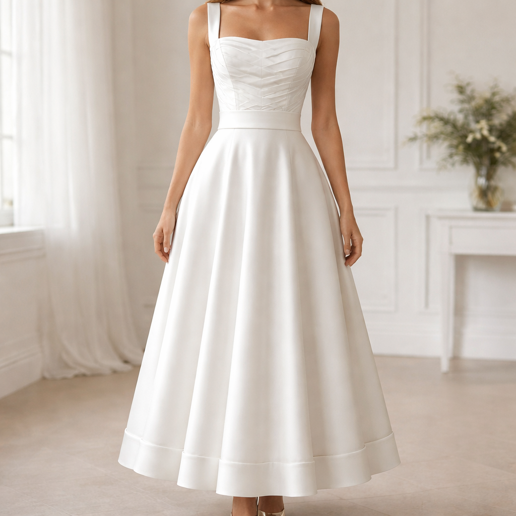 Wedding style dress. White. Silk. Size 14 UK. Corset bodice with several thin diagonally criss crossing ribbons across the whole chest area. Wide sleeveless straps. Box shaped neck line, flat across the top. A-line ankle length skirt. Thick ribbon around the waist and the hem of the skirt, no bows.
Wedding style dress. White. Silk. Size 14 UK. Corset bodice with several thin diagonally criss crossing ribbons across the whole chest area. Wide sleeveless straps. Box shaped neck line, flat across the top. A-line ankle length skirt. Thick ribbon around the waist and the hem of the skirt, no bows.
