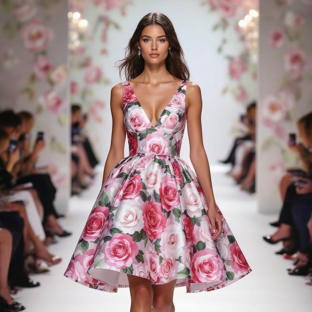 A flower dress with so many roses, like 80,000 roses, pink, and white roses
A silk flower dress, mini length, with a voluminous skirt, featuring an abundance of pink and white rose prints.