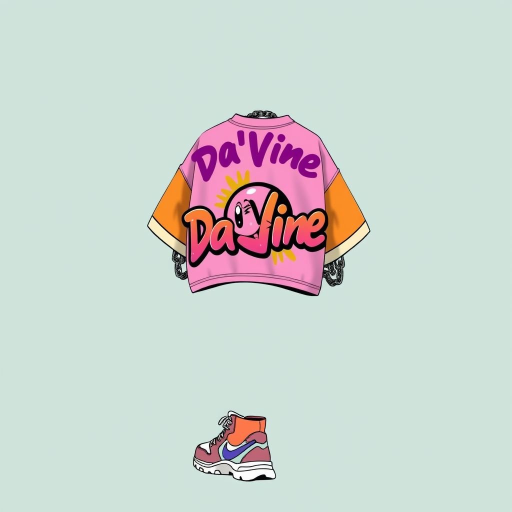 A oversized cropped Jersey with Kirby on it, that says “Da’Vine”
Design an oversized cropped jersey in a vibrant color palette, featuring a playful Kirby graphic in a graffiti style. The word "Da’Vine" dominates the back in bold, urban typography. Complete the look with mesh sleeves and side splits, perfectly embodying streetwear vibes. Include statement accessories like chunky sneakers and layered chains!