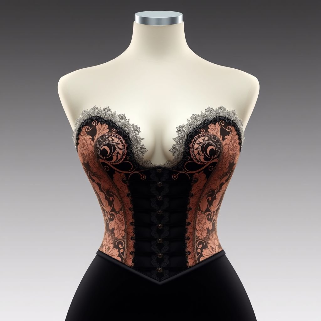 A strapless corset top with defined cups
Design an exquisite strapless corset top featuring intricately defined cups, made from luxurious silk satin. Adorned with delicate lace trimmings and a vintage-inspired floral brocade pattern, this classic piece is accentuated by a structured silhouette that flatters the waist, embodying timeless elegance and sophistication perfect for a grand evening affair.