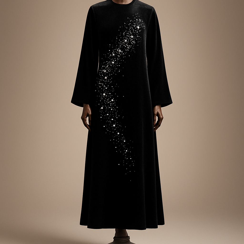 Air هنا —! هذه 7ومبتات منف بالإنجليزية، برومبت لعرض التصميم على مانيكان خشبي فاخر وصورة كاملة حتى الكاحل. انسخي كل برومبت لاستخدامه في Midjourney أو Stable Diffusion (أسفل كل برومبت إضافة مقترحة للباراميترات).

1) Constellation cascade
Photorealistic full-length black velvet ankle-length abaya on a luxurious polished dark-walnut wooden mannequin with carved pedestal, ankle visible; diagonal "constellation" cascade from right shoulder to left hip made of clustered Swarovski crystals (ss30 focal "stars", ss16 & ss10 fill, mix of Crystal AB and Jet), some small crystal clusters suspended on fine transparent threads for subtle motion. Studio: soft key light + gentle rim light to highlight velvet pile and crystal sparkle, neutral warm-beige gradient background, soft floor shadow, 50mm look, ultra high-detail, cinematic photorealism. (Midjourney: --ar 2:3 --v 5 --q 2)  

2) Removable 3D roses panel
Photorealistic full-length black velvet ankle-length abaya on a luxurious polished dark-walnut wooden mannequin with carved pedestal, ankle visible; detachable 3D rose panel at left chest and shoulder made from layered Swarovski chatons and pear teardrop crystals in tonal blacks and clear crystal highlights, panel attached with discreet fabric panel/hidden snaps. Studio: soft diffuse key + subtle rim to reveal depth of roses and velvet texture, clean neutral gray gradient background, high-resolution detail, cinematic. (Midjourney: --ar 2:3 --v 5 --q 2)

3) Geometric tessellation
Photorealistic full-length black velvet ankle-length abaya on a luxurious polished dark-walnut wooden mannequin with carved pedestal, ankle visible; precise geometric tessellated pattern across front torso and lower hem composed of small Swarovski Hematite and clear crystals (ss10 & ss16), uniform 0.8–1 cm spacing creating modern mosaic effect. Studio: focused soft key with side rim to emphasize geometry and reflections, neutral warm-gray gradient background, high-detail photorealism. (Midjourney: --ar 2:3 --v 5 --q 2)

4) Calligraphic line
Photorealistic full-length black velvet ankle-length abaya on a luxurious polished dark-walnut wooden mannequin with carved pedestal, ankle visible; elegant Arabic calligraphic motif across the chest or upper back embroidered in thin metallic gold thread and outlined with a line of small Swarovski ss10 crystals for a glowing calligraphic outline, tasteful and centered. Studio: soft warm key + delicate rim light to lift the gold and crystal highlights, neutral beige gradient background, ultra crisp fabric texture, high-resolution. (Midjourney: --ar 2:3 --v 5 --q 2)

5) Gradient ombré sparkle
Photorealistic full-length black velvet ankle-length abaya on a luxurious polished dark-walnut wooden mannequin with carved pedestal, ankle visible; ombré crystal gradient starting dense at hem with large ss30 and ss16 Swarovski crystals, gradually thinning to ss10 toward mid-thigh, creating flowing shimmer on movement. Studio: low-angle soft key + rim to accentuate falling sparkle and velvet pile, neutral warm-gray gradient background, cinematic high-detail. (Midjourney: --ar 2:3 --v 5 --q 2)

6) Illusion lace with matte black accents
Photorealistic full-length black velvet ankle-length abaya on a luxurious polished dark-walnut wooden mannequin with carved pedestal, ankle visible; illusion "lace" panel effect made from sheer black chiffon overlay decorated with a mix of matte black and glossy black Swarovski crystals in arabesque patterns, scattered bright clear crystals for contrast—delicate, lace-like but modern. Studio: soft diffuse key + close rim to reveal layering and texture, neutral soft-gray background, high-resolution photorealism. (Midjourney: --ar 2:3 --v 5 --q 2)

7) Hidden sparkle with detachable accents
Photorealistic full-length black velvet ankle-length abaya on a luxurious polished dark-walnut wooden mannequin with carved pedestal, ankle visible; minimalist exterior with concealed sparkling details: inner placket, cuff lining and inner hem richly lined with Swarovski crystals (ss16/ss10) plus detachable jeweled cuff and collar accents for transformable styling. Studio: three-quarter soft key + rim to hint hidden sparkle when slightly open, neutral beige gradient background, high-detail cinematic look. (Midjourney: --ar 2:3 --v 5 --q 2)

Air هنا —! هذه 7ومبتات منف بالإنجليزية، برومبت لعرض التصميم على مانيكان خشبي فاخر وصورة كاملة حتى الكاحل. انسخي كل برومبت لاستخدامه في Midjourney أو Stable Diffusion (أسفل كل برومبت إضافة مقترحة للباراميترات).

1) Constellation cascade
Photorealistic full-length black velvet ankle-length abaya on a luxurious polished dark-walnut wooden mannequin with carved pedestal, ankle visible; diagonal "constellation" cascade from right shoulder to left hip made of clustered Swarovski crystals (ss30 focal "stars", ss16 & ss10 fill, mix of Crystal AB and Jet), some small crystal clusters suspended on fine transparent threads for subtle motion. Studio: soft key light + gentle rim light to highlight velvet pile and crystal sparkle, neutral warm-beige gradient background, soft floor shadow, 50mm look, ultra high-detail, cinematic photorealism. (Midjourney: --ar 2:3 --v 5 --q 2)  

2) Removable 3D roses panel
Photorealistic full-length black velvet ankle-length abaya on a luxurious polished dark-walnut wooden mannequin with carved pedestal, ankle visible; detachable 3D rose panel at left chest and shoulder made from layered Swarovski chatons and pear teardrop crystals in tonal blacks and clear crystal highlights, panel attached with discreet fabric panel/hidden snaps. Studio: soft diffuse key + subtle rim to reveal depth of roses and velvet texture, clean neutral gray gradient background, high-resolution detail, cinematic. (Midjourney: --ar 2:3 --v 5 --q 2)

3) Geometric tessellation
Photorealistic full-length black velvet ankle-length abaya on a luxurious polished dark-walnut wooden mannequin with carved pedestal, ankle visible; precise geometric tessellated pattern across front torso and lower hem composed of small Swarovski Hematite and clear crystals (ss10 & ss16), uniform 0.8–1 cm spacing creating modern mosaic effect. Studio: focused soft key with side rim to emphasize geometry and reflections, neutral warm-gray gradient background, high-detail photorealism. (Midjourney: --ar 2:3 --v 5 --q 2)

4) Calligraphic line
Photorealistic full-length black velvet ankle-length abaya on a luxurious polished dark-walnut wooden mannequin with carved pedestal, ankle visible; elegant Arabic calligraphic motif across the chest or upper back embroidered in thin metallic gold thread and outlined with a line of small Swarovski ss10 crystals for a glowing calligraphic outline, tasteful and centered. Studio: soft warm key + delicate rim light to lift the gold and crystal highlights, neutral beige gradient background, ultra crisp fabric texture, high-resolution. (Midjourney: --ar 2:3 --v 5 --q 2)

5) Gradient ombré sparkle
Photorealistic full-length black velvet ankle-length abaya on a luxurious polished dark-walnut wooden mannequin with carved pedestal, ankle visible; ombré crystal gradient starting dense at hem with large ss30 and ss16 Swarovski crystals, gradually thinning to ss10 toward mid-thigh, creating flowing shimmer on movement. Studio: low-angle soft key + rim to accentuate falling sparkle and velvet pile, neutral warm-gray gradient background, cinematic high-detail. (Midjourney: --ar 2:3 --v 5 --q 2)

6) Illusion lace with matte black accents
Photorealistic full-length black velvet ankle-length abaya on a luxurious polished dark-walnut wooden mannequin with carved pedestal, ankle visible; illusion "lace" panel effect made from sheer black chiffon overlay decorated with a mix of matte black and glossy black Swarovski crystals in arabesque patterns, scattered bright clear crystals for contrast—delicate, lace-like but modern. Studio: soft diffuse key + close rim to reveal layering and texture, neutral soft-gray background, high-resolution photorealism. (Midjourney: --ar 2:3 --v 5 --q 2)

7) Hidden sparkle with detachable accents
Photorealistic full-length black velvet ankle-length abaya on a luxurious polished dark-walnut wooden mannequin with carved pedestal, ankle visible; minimalist exterior with concealed sparkling details: inner placket, cuff lining and inner hem richly lined with Swarovski crystals (ss16/ss10) plus detachable jeweled cuff and collar accents for transformable styling. Studio: three-quarter soft key + rim to hint hidden sparkle when slightly open, neutral beige gradient background, high-detail cinematic look. (Midjourney: --ar 2:3 --v 5 --q 2)