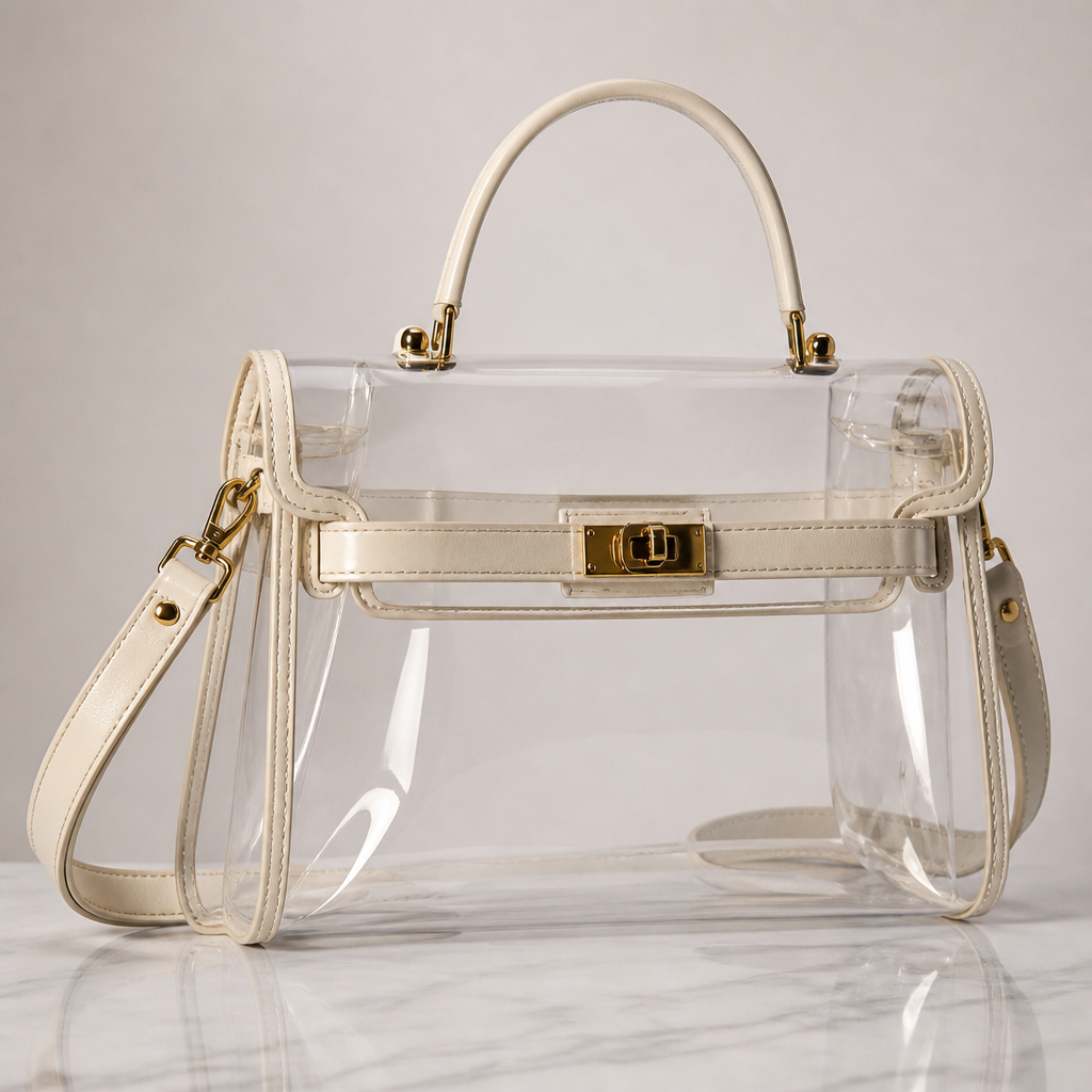 Create a clear pvc bag that is inspired by Claudia schiffer
photorealistic fashion design, Create a clear pvc bag that is inspired by Claudia schiffer , classic style, just the design no text