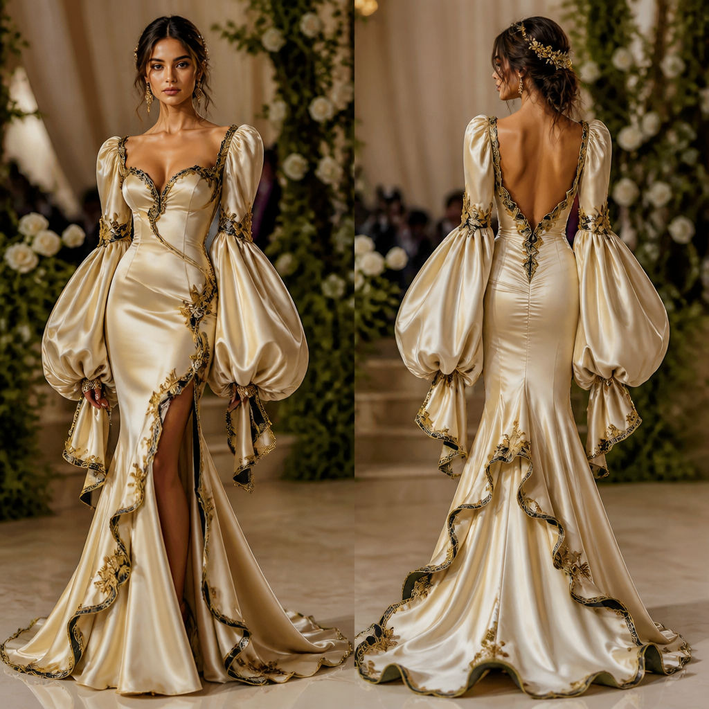 A Dress design, made of Silk, with a sleek, smooth finish, in Cottagecore + Elegant + Y2K style. body corn and it should be like in the down wavy down wave and you should make it more attractive let in met Gala for not like much like not showing the breast more only some like golden black colour borders in things and it's a body cone and it should be like we we in the downs apart and it should have big p*** big p*** hands leaves Present it as professional fashion catalogue photography: the garment is the subject, shown full-length with editorial styling, neutral posing and tasteful, non-suggestive framing.
photorealistic fashion design, A Dress design, made of Silk, with a sleek, smooth finish, in Cottagecore + Elegant + Y2K style. body corn and it should be like in the down wavy down wave and you should make it more attractive let in met Gala for not like much like not showing the breast more only some like golden black colour borders in things and it's a body cone and it should be like we we in the downs apart and it should have big p*** big p*** hands leaves Present it as professional fashion catalogue photography: the garment is the subject, shown full-length with editorial styling, neutral posing and tasteful, non-suggestive framing., cottagecore style, just the design no text, show front and back
