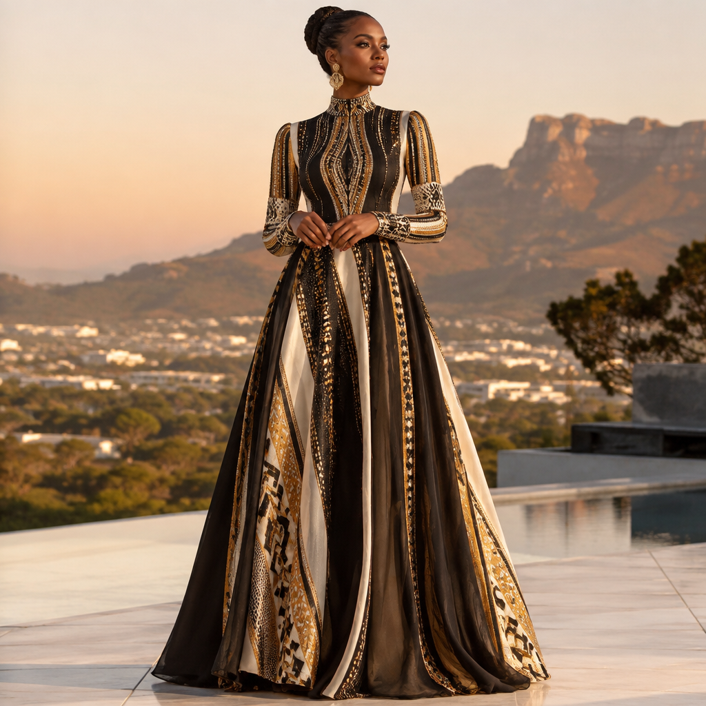 A Female Dress design, with modest, full coverage: longer hemlines, higher necklines and covered shoulders, suitable for Spring, in Glamorous style. Gold and black dress with a bit of white. South Africa fashion aesthetics. Present it as professional fashion catalogue photography: the garment is the subject, shown full-length with editorial styling, neutral posing and tasteful, non-suggestive framing.
photorealistic fashion design, A Female Dress design, with modest, full coverage: longer hemlines, higher necklines and covered shoulders, suitable for Spring, in Glamorous style. Gold and black dress with a bit of white. South Africa fashion aesthetics. Present it as professional fashion catalogue photography: the garment is the subject, shown full-length with editorial styling, neutral posing and tasteful, non-suggestive framing., glamorous style, just the design no text