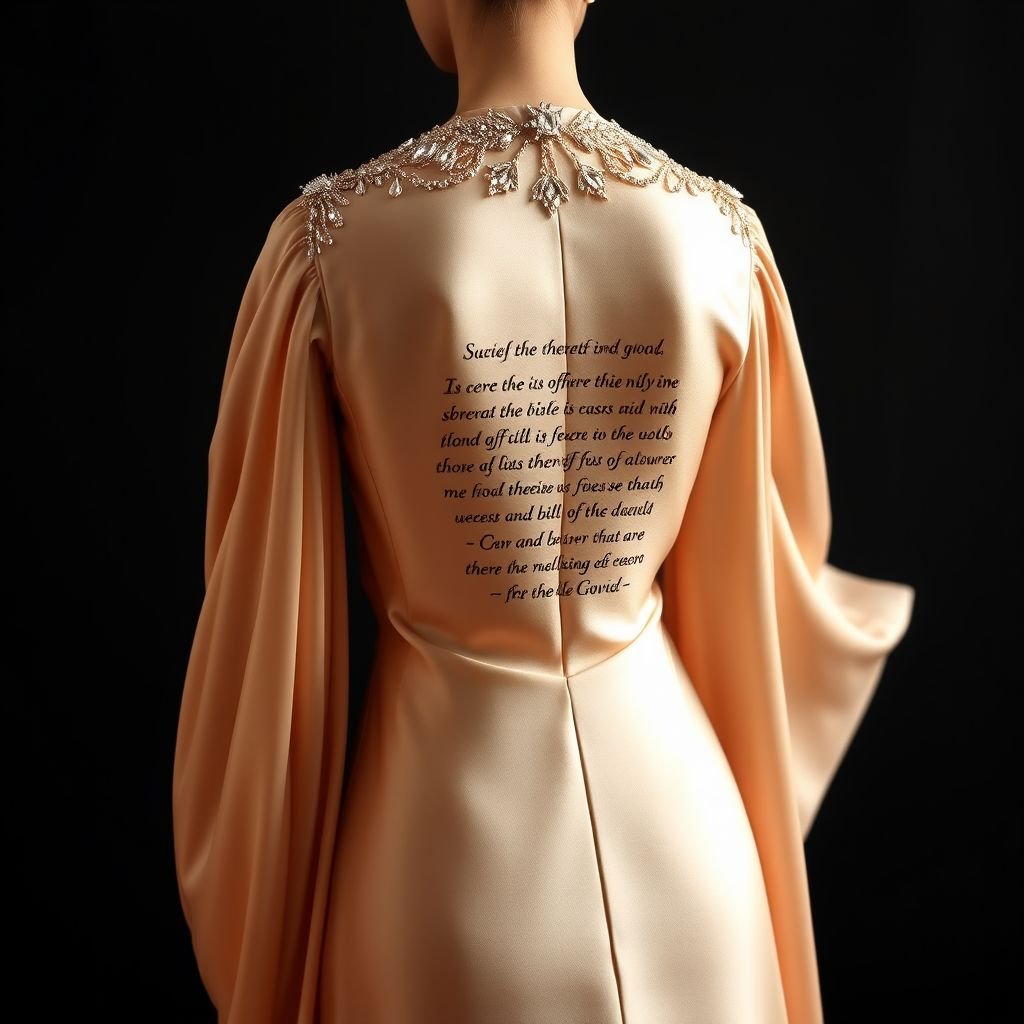 A elegant slim long dress with diamonds on the collar and a Bible verse on the back
Design a sophisticated, slim-fitting long gown characterized by flowing silk fabric, gracefully trailing to the floor. Adorn the collar with shimmering diamonds that catch the light at every angle. The back features an elegantly embroidered Bible verse, stitched in delicate, gold thread—an embodiment of faith and refinement, perfect for evening galas.