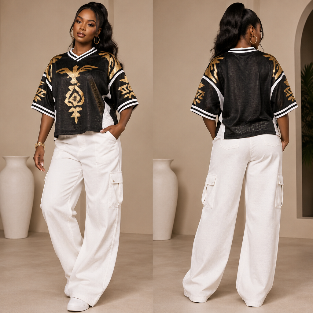 A Female Top design, with modest, full coverage: longer hemlines, higher necklines and covered shoulders, suitable for Summer, in Glamorous style. a black and white lazy crop top in a basket ball jersey style of design in golden writings. Ghana fashion aesthetics. Present it as professional fashion catalogue photography: the garment is the subject, shown full-length with editorial styling, neutral posing and tasteful, non-suggestive framing.
photorealistic fashion design, A Female Top design, with modest, full coverage: longer hemlines, higher necklines and covered shoulders, suitable for Summer, in Glamorous style. a black and white lazy crop top in a basket ball jersey style of design in golden writings. Ghana fashion aesthetics. Present it as professional fashion catalogue photography: the garment is the subject, shown full-length with editorial styling, neutral posing and tasteful, non-suggestive framing., glamorous style, just the design no text