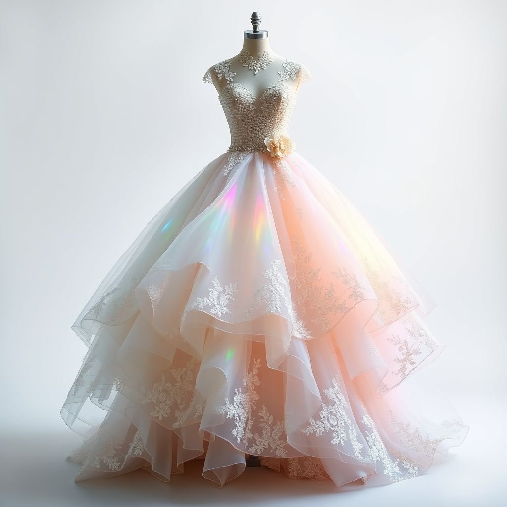 Wedding dresses
Imagine a whimsical wedding dress that blends ethereal elegance with avant-garde elements. Crafted from layers of shimmering tulle and delicate lace, the gown features cascading floral appliqués and a dramatic high-low hemline. Adorned with iridescent crystals, the dress transforms in daylight, reflecting a spectrum of colors like a magical fairy tale.