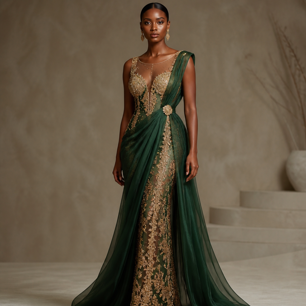 in Designer style. create a Nigerian gown with drapes and illusion neckline. Nigeria fashion aesthetics.
photorealistic fashion design, in Designer style. create a Nigerian gown with drapes and illusion neckline. Nigeria fashion aesthetics., designer style, just the design no text