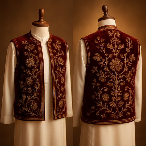 ‏2) "Short sleeveless sedri ending at the hip worn above a white Saudi thawb on an elegant wooden tailor's mannequin, rich maroon velvet with intricate metallic-thread floral embroidery inspired by Najdi motifs, warm rim lighting, shallow depth of field, editorial product shot, photorealistic --ar 2:3 --v 5 --stylize 500"