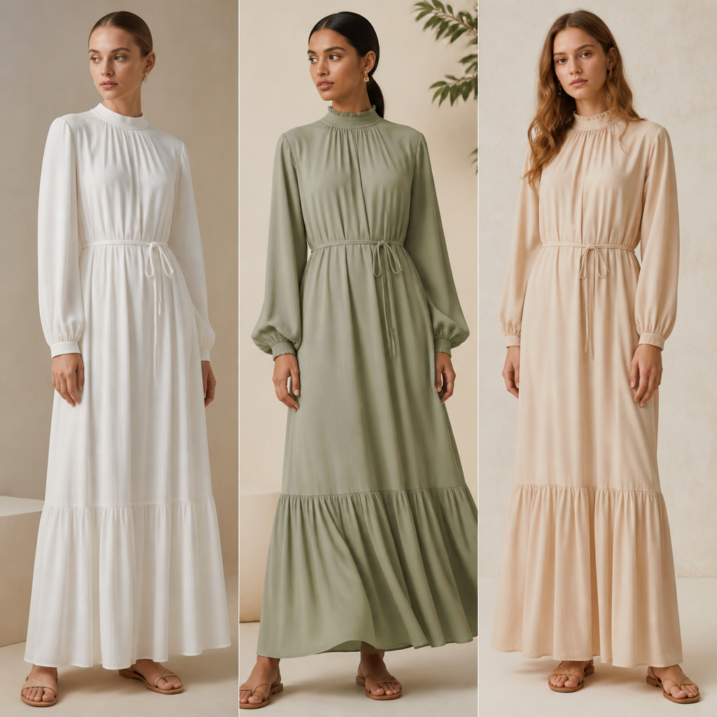 A Female Dress design, with modest, full coverage: longer hemlines, higher necklines and covered shoulders, suitable for Summer. Consider American fashion — diverse and trend-driven, casual-cool, athleisure influence, regional variety from NYC sophistication to LA relaxed. Current season is Summer in United States. Present it as professional fashion catalogue photography: the garment is the subject, shown full-length with editorial styling, neutral posing and tasteful, non-suggestive framing.
photorealistic fashion design, A Female Dress design, with modest, full coverage: longer hemlines, higher necklines and covered shoulders, suitable for Summer. Consider American fashion — diverse and trend-driven, casual-cool, athleisure influence, regional variety from NYC sophistication to LA relaxed. Current season is Summer in United States. Present it as professional fashion catalogue photography: the garment is the subject, shown full-length with editorial styling, neutral posing and tasteful, non-suggestive framing., just the design no text
