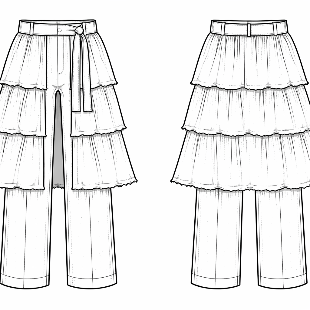 Below is a **clean technical flat description** of the garment shown, written in **CAD / spec-sheet language** and aligned with flat-drawing conventions.
---
## GARMENT DESCRIPTION — TECH FLAT (FRONT VIEW PRIMARY)
**Garment Type**
Layered overskirt trousers / skirt-pant hybrid
**Silhouette**
Straight-leg pant with a tiered overskirt attached at the waistband, creating a skirt illusion over trousers.
---
## WAISTBAND
* Straight waistband, medium height (approx. 4–5 cm)
* Rectangular construction with minimal shaping
* Front closure: button fastening with self-fabric tie belt emerging from front right side
* Tie belt hangs vertically at front
* Belt loops integrated into waistband
* Waist seam clean, no visible decorative stitching
---
## OVERSKIRT / OUTER LAYERS
* **Three horizontal skirt tiers** attached to waistband
* Each tier constructed as a straight panel with slight ease
* Tier lengths graduate evenly from top to bottom
* Raw or softly frayed hem edges on each tier
* Light gathering at upper seam of each tier
* Center-front opening aligned with pant center seam
* Overskirt panels do not extend past pant hem
---
## TROUSER BASE (INNER GARMENT)
* Straight-leg trousers visible beneath overskirt
* Legs cut as wide rectangles with minimal taper
* Center-front seam visible from waist to hem
* Full-length inseam
* Hem finished straight with narrow turn-up
---
## FABRIC & TEXTURE (AS SHOWN)
* Lightweight woven fabric (linen or cotton-linen blend suggested)
* Texture indicated through diagonal hatching
* Fabric appears soft with natural drape
* Frayed edges suggest unfinished or artisan construction
---
## CONSTRUCTION DETAILS
* Overskirt tiers attached directly into waistband seam
* Pants and overskirt share waistband
* No visible pockets
* No back view shown, assumed clean with continuation of tiers
---
## TECH FLAT LINE CONVENTIONS
* Solid lines: garment edges and seams
* Light hatching: fabric texture and shadow
* No perspective or body indicated
* Symmetrical left/right balance
---
If you want, I can next:
* Convert this into a **labeled front + back CAD flat**
* Rewrite it as a **factory tech pack spec**
* Adapt it into your earlier **Edwardian split-skirt riding pant language**
* Strip it down into **pattern-piece descriptions**
Just tell me which direction you want.
Below is a **clean technical flat description** of the garment shown, written in **CAD / spec-sheet language** and aligned with flat-drawing conventions.
---
## GARMENT DESCRIPTION — TECH FLAT (FRONT VIEW PRIMARY)
**Garment Type**
Layered overskirt trousers / skirt-pant hybrid
**Silhouette**
Straight-leg pant with a tiered overskirt attached at the waistband, creating a skirt illusion over trousers.
---
## WAISTBAND
* Straight waistband, medium height (approx. 4–5 cm)
* Rectangular construction with minimal shaping
* Front closure: button fastening with self-fabric tie belt emerging from front right side
* Tie belt hangs vertically at front
* Belt loops integrated into waistband
* Waist seam clean, no visible decorative stitching
---
## OVERSKIRT / OUTER LAYERS
* **Three horizontal skirt tiers** attached to waistband
* Each tier constructed as a straight panel with slight ease
* Tier lengths graduate evenly from top to bottom
* Raw or softly frayed hem edges on each tier
* Light gathering at upper seam of each tier
* Center-front opening aligned with pant center seam
* Overskirt panels do not extend past pant hem
---
## TROUSER BASE (INNER GARMENT)
* Straight-leg trousers visible beneath overskirt
* Legs cut as wide rectangles with minimal taper
* Center-front seam visible from waist to hem
* Full-length inseam
* Hem finished straight with narrow turn-up
---
## FABRIC & TEXTURE (AS SHOWN)
* Lightweight woven fabric (linen or cotton-linen blend suggested)
* Texture indicated through diagonal hatching
* Fabric appears soft with natural drape
* Frayed edges suggest unfinished or artisan construction
---
## CONSTRUCTION DETAILS
* Overskirt tiers attached directly into waistband seam
* Pants and overskirt share waistband
* No visible pockets
* No back view shown, assumed clean with continuation of tiers
---
## TECH FLAT LINE CONVENTIONS
* Solid lines: garment edges and seams
* Light hatching: fabric texture and shadow
* No perspective or body indicated
* Symmetrical left/right balance
---
If you want, I can next:
* Convert this into a **labeled front + back CAD flat**
* Rewrite it as a **factory tech pack spec**
* Adapt it into your earlier **Edwardian split-skirt riding pant language**
* Strip it down into **pattern-piece descriptions**
Just tell me which direction you want.
, show front and back