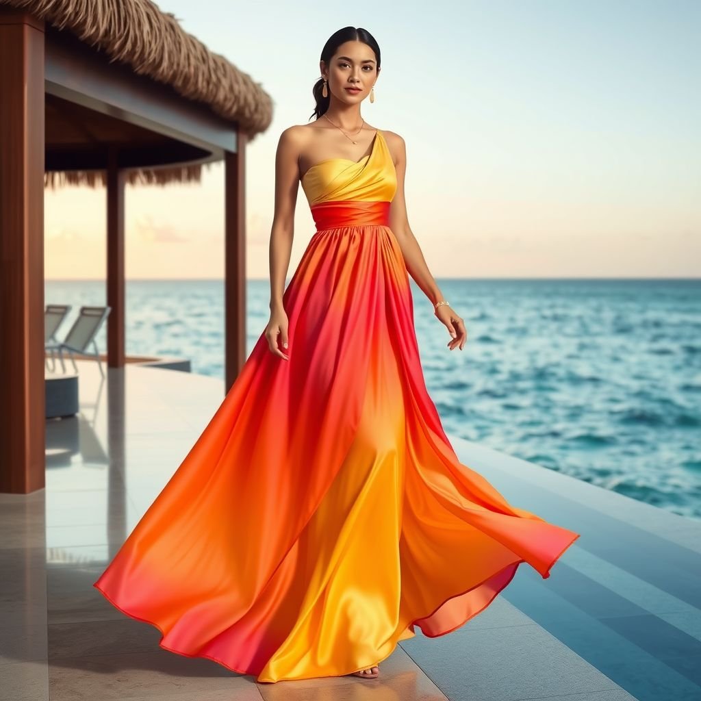 Prompt: A bold and elegant resort-style maxi dress inspired by BBX Brand and Hanifa, featuring vibrant statement colors or ombré tones, a dramatic silhouette with a cinched waist, and flowing floor-length skirt. The bodice should have an artistic cut-out or asymmetric neckline, with unique draping and structured details that accentuate curves. Fabric should be high-quality, slightly glossy satin or silk blend, moving fluidly with soft folds. The look should be fashion-forward, empowering, and glamorous, styled with minimal gold jewelry, photographed in a luxurious tropical or coastal setting during golden hour.
Design a luxurious resort maxi dress that embodies elegance and relaxation. Inspired by BBX Brand and Hanifa, the dress features a vibrant ombré palette, flowing layers, and a fitted bodice with asymmetric neckline. Crafted from glossy satin, it moves gracefully with every step. Complete the look with delicate gold accents against a breathtaking seaside backdrop.