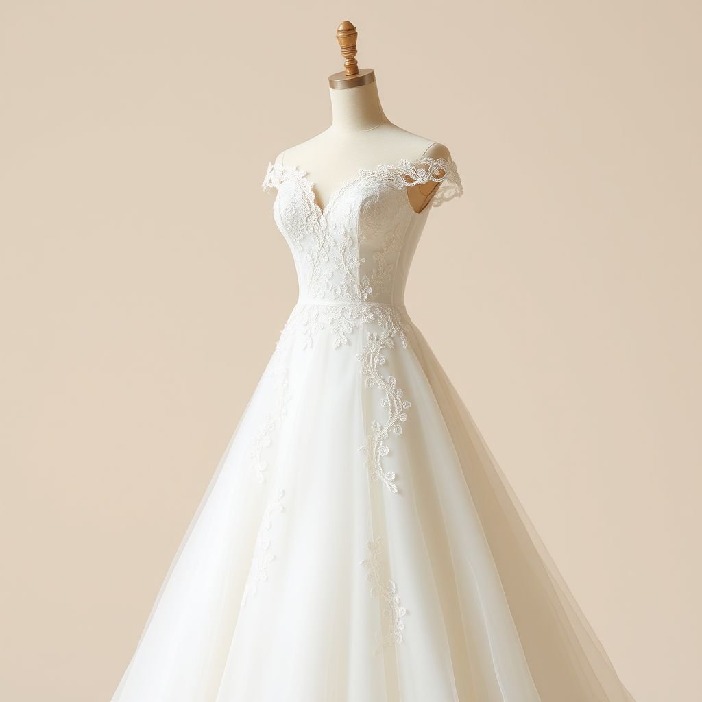 Elegant, wedding dress, with flowers and little curves , with line tulles
Design an elegant classic wedding dress featuring a fitted bodice adorned with delicate floral lace appliqués. The skirt gracefully flows into soft, sweeping layers of tulle, subtly emphasizing gentle curves. Incorporating a vintage-inspired silhouette with an off-the-shoulder neckline, this timeless piece radiates romance and sophistication, perfect for a fairytale celebration.