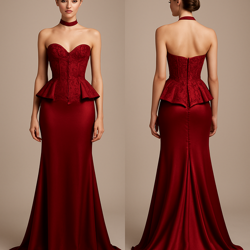 Create a high-fashion couture evening gown inspired by timeless elegance and femininity. The design features a structured corset bodice with intricate lace detailing and a sculpted peplum waist that flatters the silhouette. The gown is made from luxurious deep red silk and lace fabrics, with a floor-length, fitted skirt that flows gracefully. The neckline is sensual yet refined, paired with a minimalist choker detail. The overall look should exude sophistication, confidence, and modern romance — perfect for a 2026 haute couture runway presentation.
