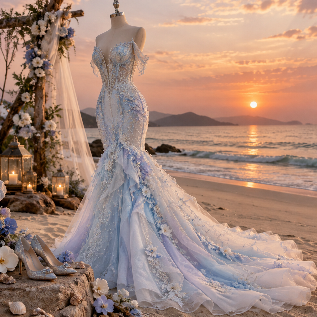 Make a white and baby blue with a little hint of white lavender mermaid wedding dress with gorgeous sparkly high heels and a beautiful sunset background on the beach with shells and flowers on a mannequin
photorealistic fashion design, Make a white and baby blue with a little hint of white lavender mermaid wedding dress with gorgeous sparkly high heels and a beautiful sunset background on the beach with shells and flowers on a mannequin, scene style, just the design no text