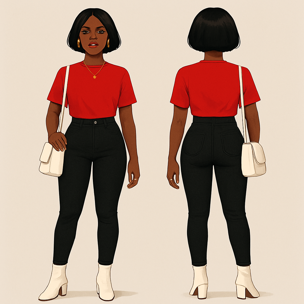 Black woman
Red shirt
Tight black jeans
White heel boots
Gold necklace
And earrings
Gold rings on fingers
A Bob
White purse
Black woman
Red shirt
Tight black jeans
White heel boots
Gold necklace
And earrings
Gold rings on fingers
A Bob
White purse , streetwear style, show front and back