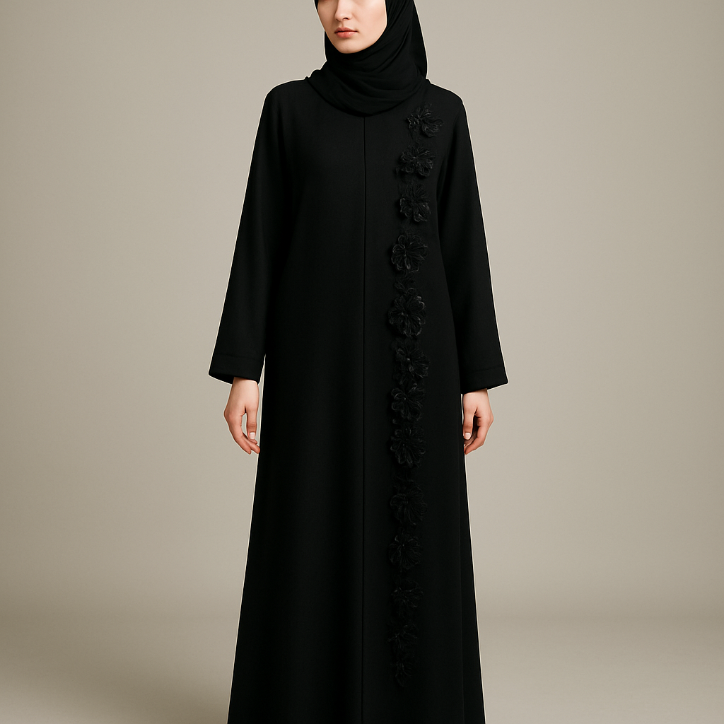 The Classic Floral Side-Line Abaya
Tone: Jet Black Design: A straight line of delicate 3D flowers + stones running down one side only. Why it will sell: Very slimming, minimal, elegant — perfect for everyday + occasions.

The Classic Floral Side-Line Abaya
Tone: Jet Black Design: A straight line of delicate 3D flowers + stones running down one side only. Why it will sell: Very slimming, minimal, elegant — perfect for everyday + occasions.