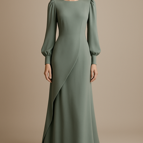 THE SILENT WAVE DRESS
A long matte-silk dress with a curved side drape that flows like a slow wave. Beneath it, a straight fitted skirt in a richer fabric appears only when you move. The sleeves are gently puffed at the shoulder, then taper into a sculpted wrist. Lightweight, goddess-like, serene.
