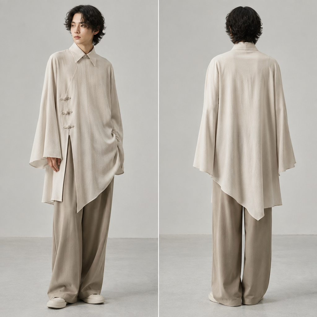 A Unisex Dress design, with modest, full coverage: longer hemlines, higher necklines and covered shoulders, suitable for Summer. Je veux un haut amole a manche évasées longues, col chemise, les cotes amples avec un cotes avec une fente mais des boutons chinois, le bas est dans un tombé triangulaire sur un côté Present it as professional fashion catalogue photography: the garment is the subject, shown full-length with editorial styling, neutral posing and tasteful, non-suggestive framing.
photorealistic fashion design, A Unisex Dress design, with modest, full coverage: longer hemlines, higher necklines and covered shoulders, suitable for Summer. Je veux un haut amole a manche évasées longues, col chemise, les cotes amples avec un cotes avec une fente mais des boutons chinois, le bas est dans un tombé triangulaire sur un côté Present it as professional fashion catalogue photography: the garment is the subject, shown full-length with editorial styling, neutral posing and tasteful, non-suggestive framing., just the design no text, show front and back