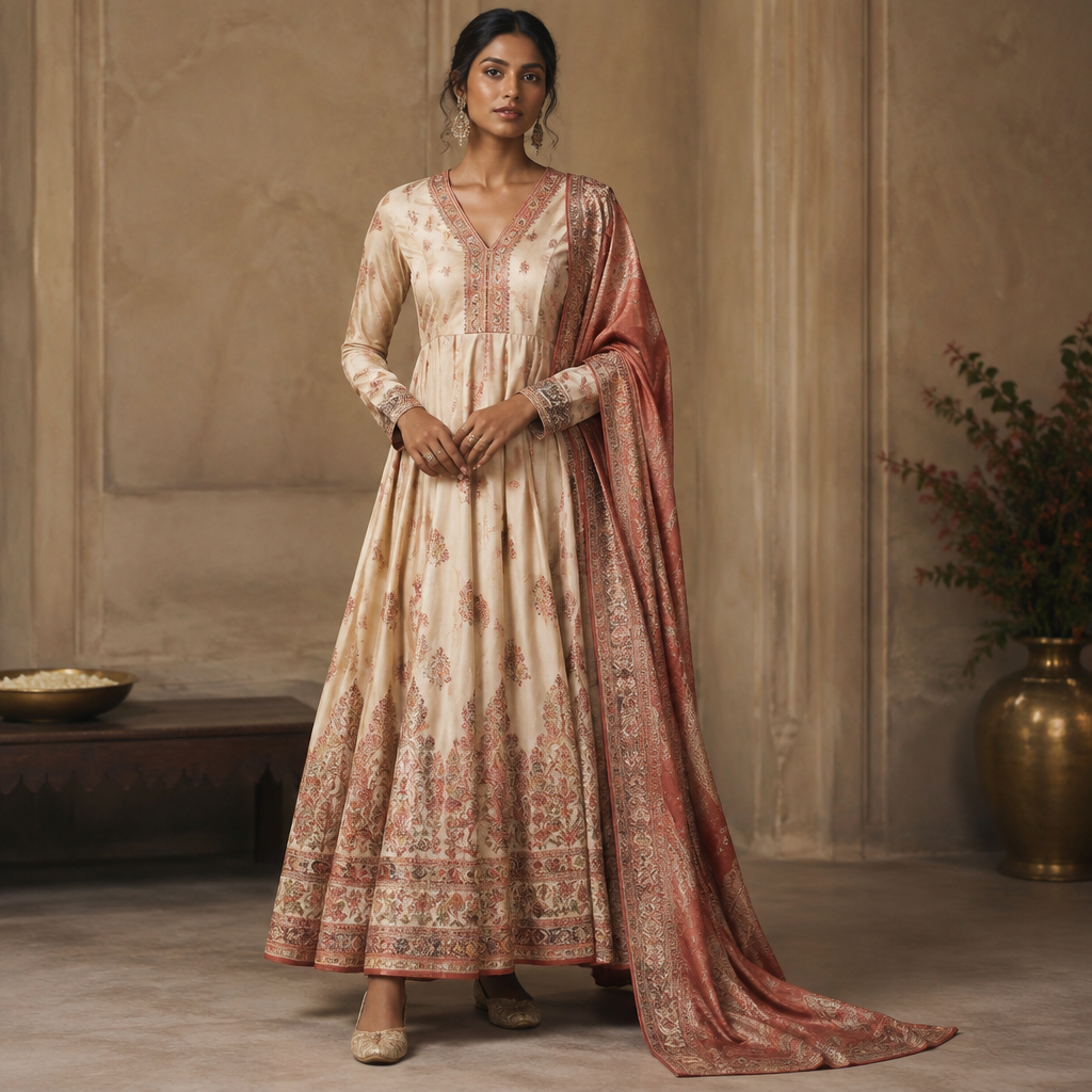 photorealistic fashion design, A Female Dress design, made of Silk, suitable for Fall, shown on a model with brown skin. India fashion aesthetics. Present it as professional fashion catalogue photography: the garment is the subject, shown full-length with editorial styling, neutral posing and tasteful, non-suggestive framing., just the design no text. Refinement: first de5
photorealistic fashion design, photorealistic fashion design, A Female Dress design, made of Silk, suitable for Fall, shown on a model with brown skin. India fashion aesthetics. Present it as professional fashion catalogue photography: the garment is the subject, shown full-length with editorial styling, neutral posing and tasteful, non-suggestive framing., just the design no text. Refinement: first de5, just the design no text