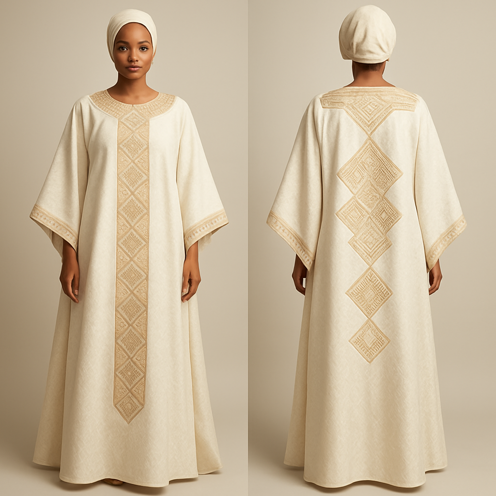 Create a shadda boubou for women that's the first of its kind, unique, classy, and sophisticated in design.
Create a shadda boubou for women that's the first of its kind, unique, classy, and sophisticated in design., show front and back