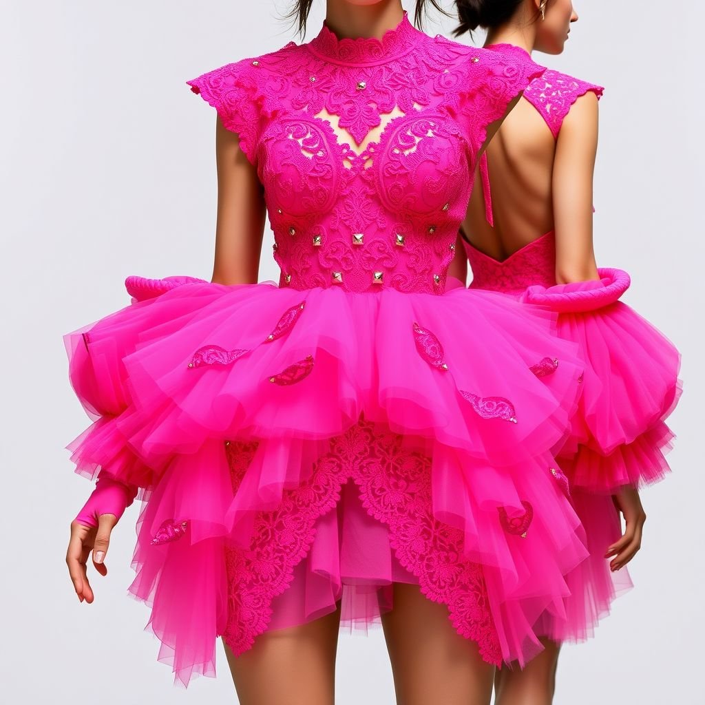 Hot pink, lace, tulle, mini, mutton sleeves
Design an audacious hot pink mini dress that speaks to the heart of edgy fashion. Utilize layered tulle for a dramatic silhouette, and incorporate intricate lace details that contrast with structured mutton sleeves. Add metal studs and bold, asymmetrical cuts to amplify the avant-garde essence, creating a fearless statement piece.