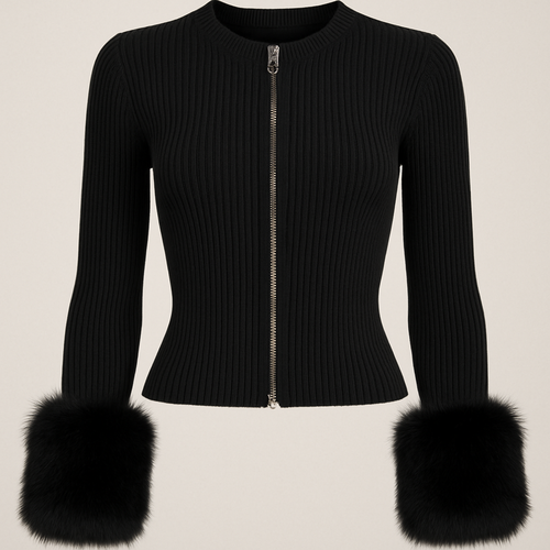 Black zip up ribbed cardigan with black faux fur cuff on sleeves
No collar and reduce cuff size and make cuffs fluffier