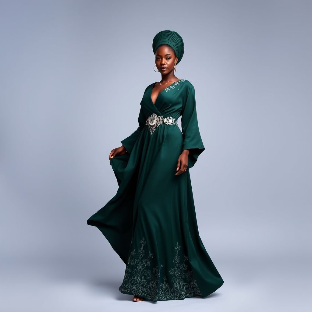 Create a kaftan style design that incorporates a little slice of structure, some ruched details in dark hunter green color and some crystal embroidery to help cover a ruched waist. This is woman’s kaftan that combines the modern with the traditional Nigerian kaftan look. Make the design on one continuous flowing fabric piece. Love this! Give me another variation in hunter green. With a lower neckline
Design a flowing kaftan that beautifully merges modern chic and traditional Nigerian aesthetics. Crafted from a single piece of dark hunter green fabric, this design features structured, angular elements and delicate ruched details. Adorned with shimmering crystal embroidery at the waist, it includes a captivating lower neckline, enhancing elegance and cultural richness.