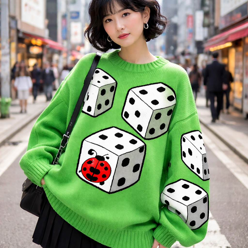 a bright green chunky sweater with big black and white dice all over, draw a cute red ladybug as one of the faces of one of the die. only one. clean lines
Japanese Street fashion design: **Enhanced Prompt:**
Japanese street style oversized bright green cotton knit sweater, bold black and white dice pattern, one die features a cute red ladybug face. Clean lines, relaxed fit.
