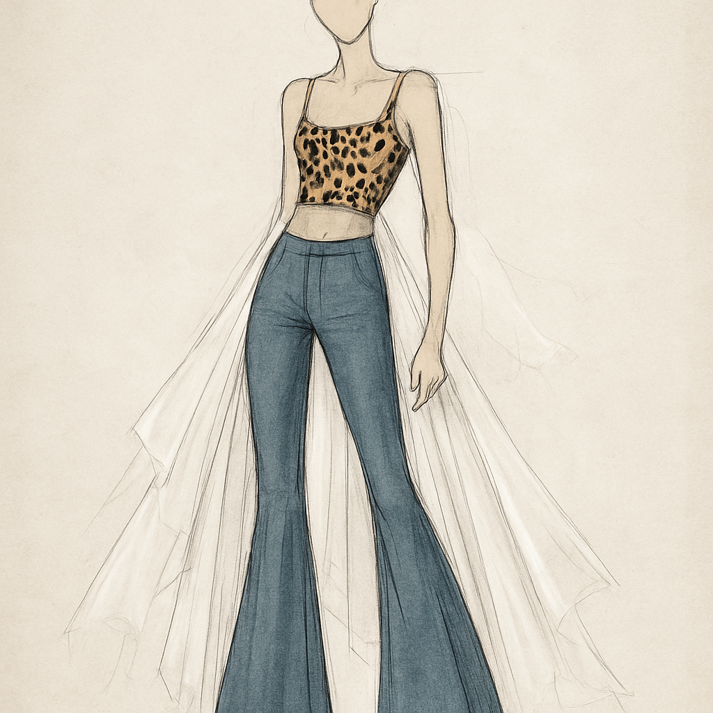 I want a look that includes bell-bottom pants, a Y2K-style leopard print top, and integrated white chiffon fabrics, giving the impression that the look is under construction (nonfinito concept).
I want a look that includes bell-bottom pants, a Y2K-style leopard print top, and integrated white chiffon fabrics, giving the impression that the look is under construction (nonfinito concept).
