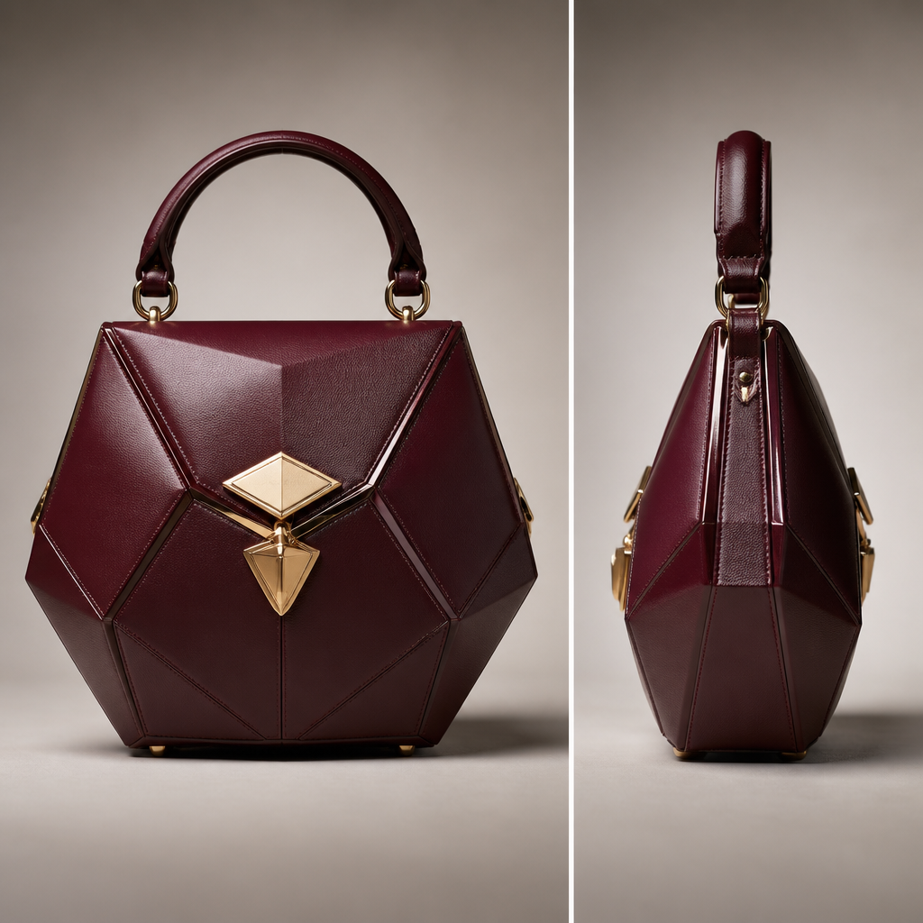 Design an ultra-luxury handbag inspired by rare gemstones and French haute couture. The bag features a sculptural faceted silhouette composed of elegant geometric surfaces that reflect light like a precious jewel. Crafted from deep burgundy calfskin leather with champagne gold hardware. The structure is architectural, timeless, and sophisticated. Every detail should communicate exclusivity, craftsmanship, and refined luxury. Professional luxury fashion photography, front view, side view, studio lighting.
photorealistic fashion design, Design an ultra-luxury handbag inspired by rare gemstones and French haute couture. The bag features a sculptural faceted silhouette composed of elegant geometric surfaces that reflect light like a precious jewel. Crafted from deep burgundy calfskin leather with champagne gold hardware. The structure is architectural, timeless, and sophisticated. Every detail should communicate exclusivity, craftsmanship, and refined luxury. Professional luxury fashion photography, front view, side view, studio lighting., just the design no text