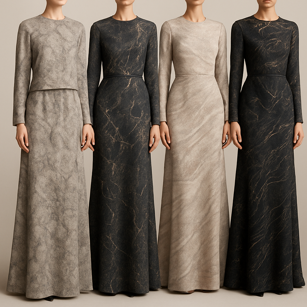 Create a modest two piece dress, first of its kind, featuring a unique stone design that exudes a classy and sophisticated vibe. I'd like four designs, each showcasing different styles and fabrics. Incorporate high-end, unique chic stone designs to make them truly special. Add little sophisticated stone designs. Make it irresistible with designs that stands out.

Create a modest two piece dress, first of its kind, featuring a unique stone design that exudes a classy and sophisticated vibe. I'd like four designs, each showcasing different styles and fabrics. Incorporate high-end, unique chic stone designs to make them truly special. Add little sophisticated stone designs. Make it irresistible with designs that stands out.