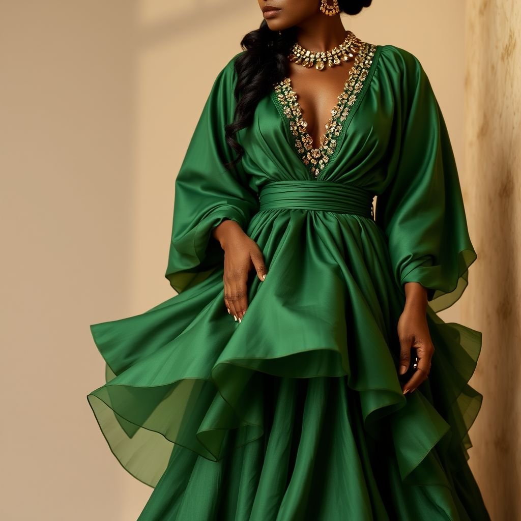 Create a woman’s kaftan that would wow. Add layers of fabric to create a big skirt but also add structure by ruching the waist. Give it a low neckline, and a monochrome hunter green color. Add details of ruched tulle and an accent of 6 inches ab crystals on a gold and green base to create a luxurious detail to the dress. The base fabric is duchess satin in hunter green
Design a stunning African-inspired kaftan for women, featuring a voluminous layered skirt that gracefully flows with each step. The richly hued hunter green duchess satin is intricately ruched at the waist for structure. Enhance allure with a deep neckline, adorned with delicate ruched tulle and 6-inch AB crystals resting on a glimmering gold-green base, exuding elegance and cultural pride.
