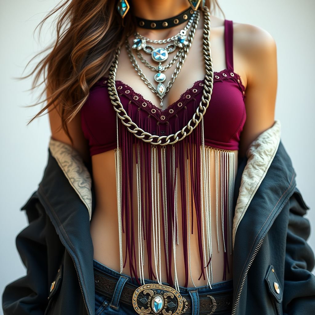 Create a cowboy Carter inspired wine bralette with chains, fringes around the front, jewelries, crystal stones to be worn inside a jacket,
Design a striking streetwear ensemble featuring a cowboy Carter-inspired wine bralette adorned with bold chains and playful fringes cascading down the front. Accentuate the look with layered jewelry and iridescent crystal stones, all styled to peek out from beneath an oversized, statement-making jacket, blending urban edge with western flair.