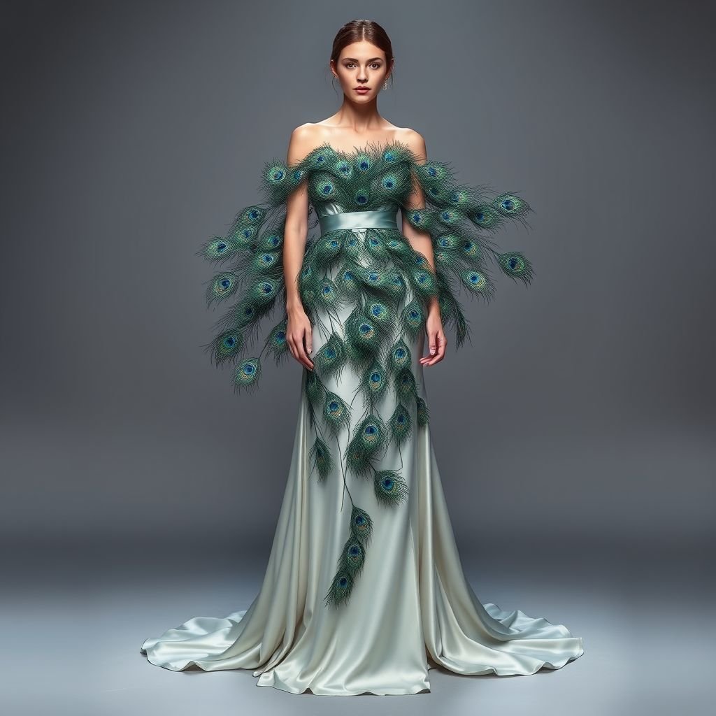 A fancy feathered dress
Envision an exquisite floor-length gown crafted from luxuriously soft silk, adorned with cascading peacock feathers. Each feather delicately hand-embroidered to shimmer in iridescent hues, creating a mesmerizing interplay of light. The off-shoulder neckline and flowing silhouette exude timeless elegance, while a structured satin belt accentuates the waist, adding sophistication and grace.