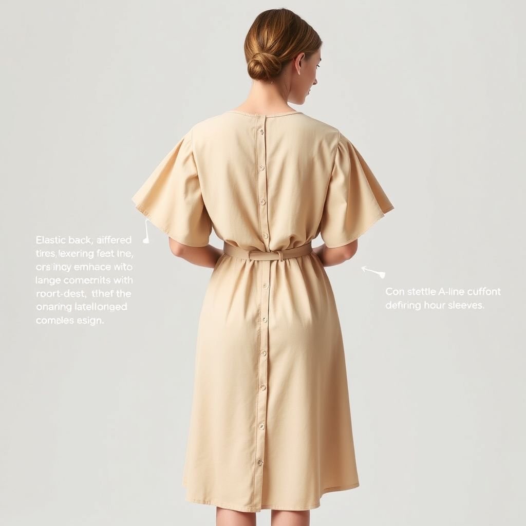 Button down midi dress with flowy short arms and with elastic at the back so itcan stretch fit big bust .the dress must also be flowy at the bottom to flaunt a womes curves with shirred back design and with two strings at the waist that tie to the back and make the waist smaller
Design a minimalist button-down midi dress featuring flowy short sleeves and a shirred back, enhancing comfort and elegance. The elastic back accommodates varying bust sizes, while the vestido's gentle A-line silhouette drapes gracefully to accentuate curves. Subtle waist ties cinch for definition, fostering a harmonious balance of form and function.